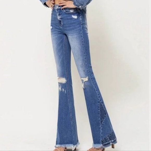 Vervet High Rise Medium Wash Distressed Bell Bottom Flare Leg Stretch Denim Jean - Picture 1 of 16